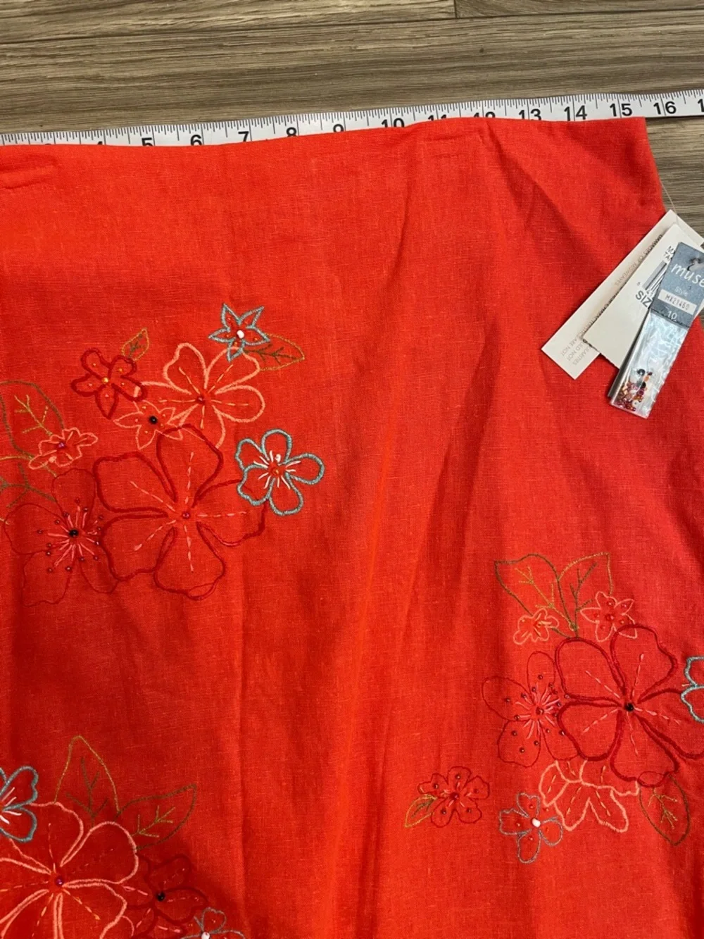 Muse Vintage Orange Linen Embroidered Asymmetrical Fringe Hem Midi Skirt - Picture 8 of 12